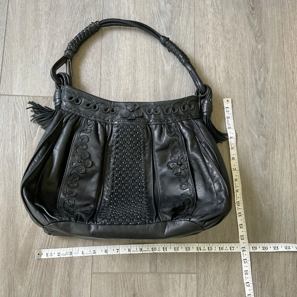 LOCKHEART Rare Black Leather Bag Floral Details